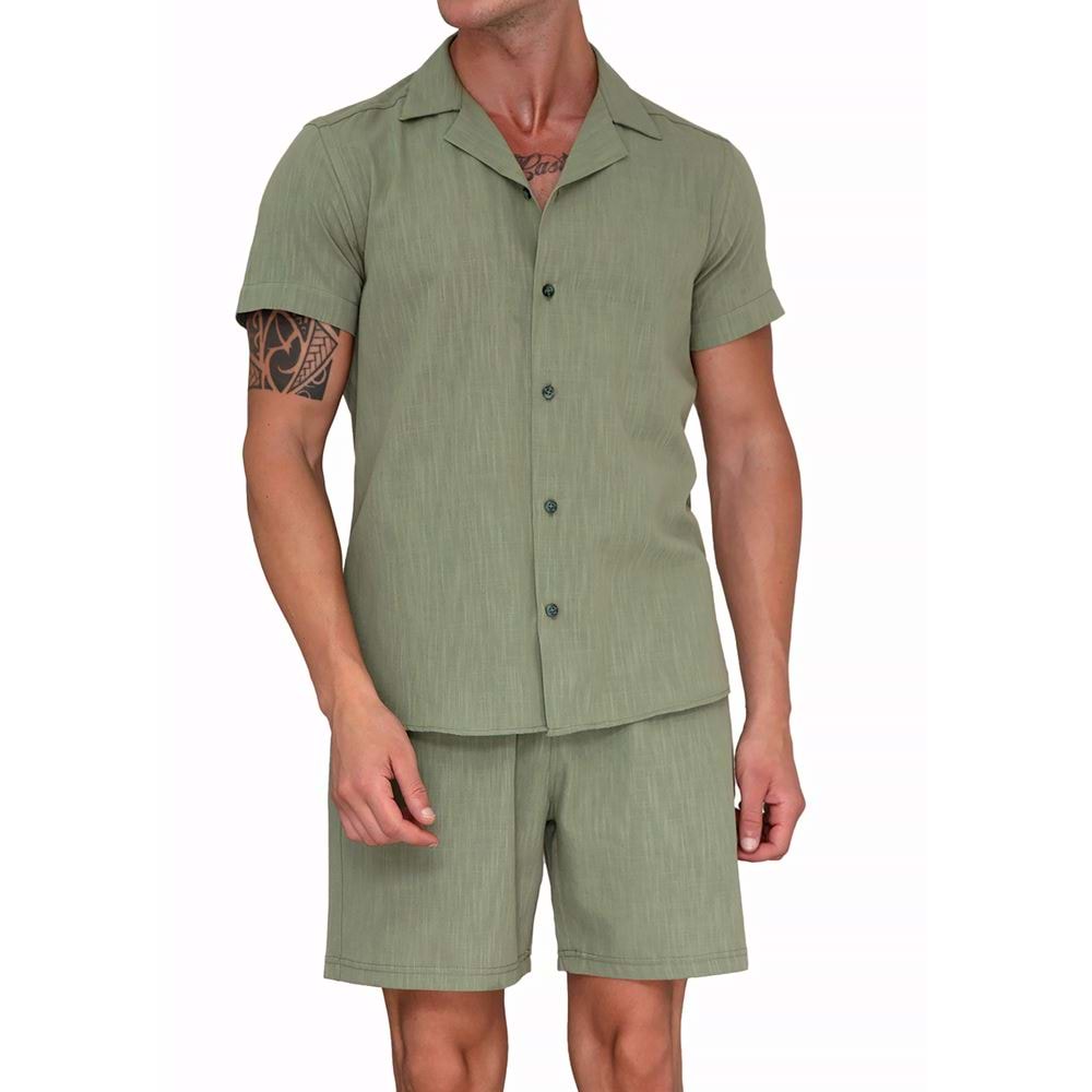 Khaki Linen Cotton Men's Hawaiian Summer Shirt and Short Set