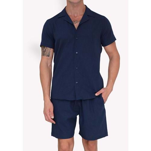 Navy Linen Cotton Men's Hawaiian Summer Shirt and Short Set