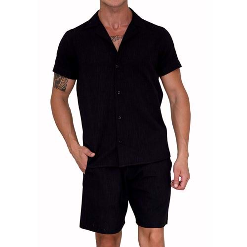 Black Linen Cotton Men's Hawaiian Summer Shirt and Short Set