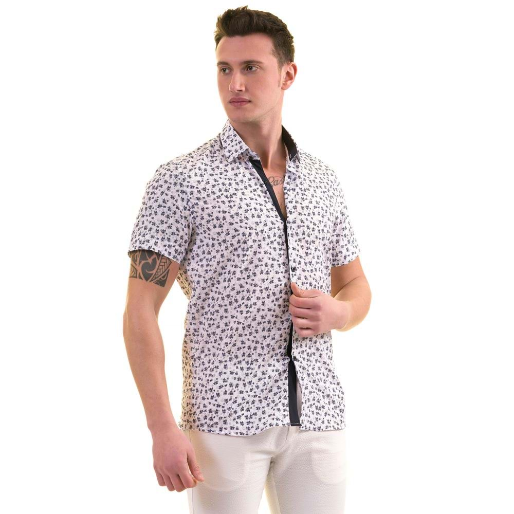 Black Floral White Printed Men's Short Sleeves Shirt