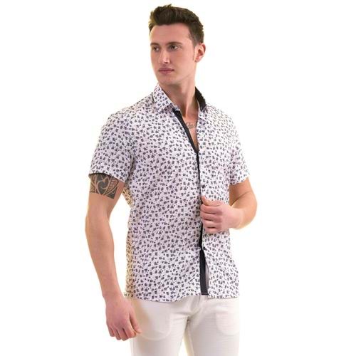 Black Floral White Printed Men's Short Sleeves Shirt