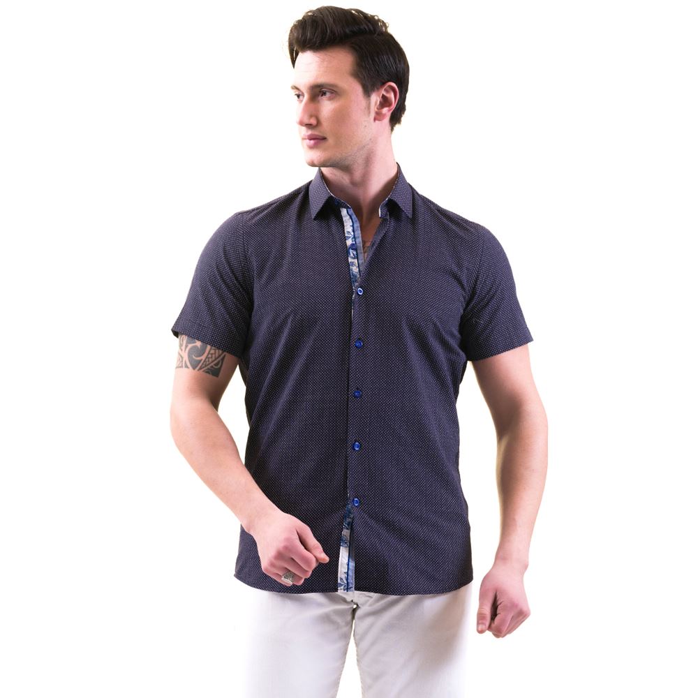 Navy White Printed Contrast Placket Men's Short Sleeves Shirt