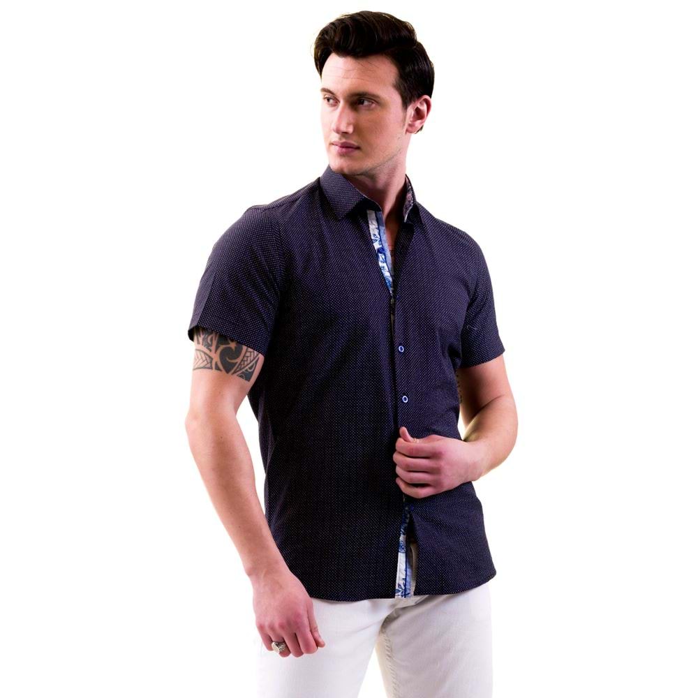 Navy White Printed Contrast Placket Men's Short Sleeves Shirt