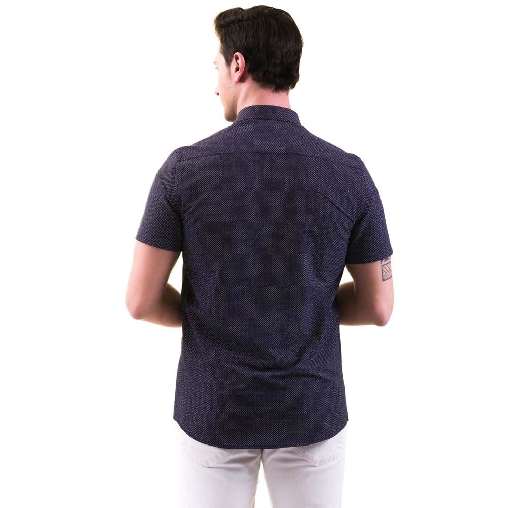 Navy White Printed Contrast Placket Men's Short Sleeves Shirt