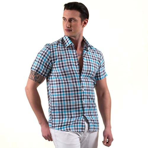 Blue Turquoise Plaid Summer Men's Short Sleeves Shirt