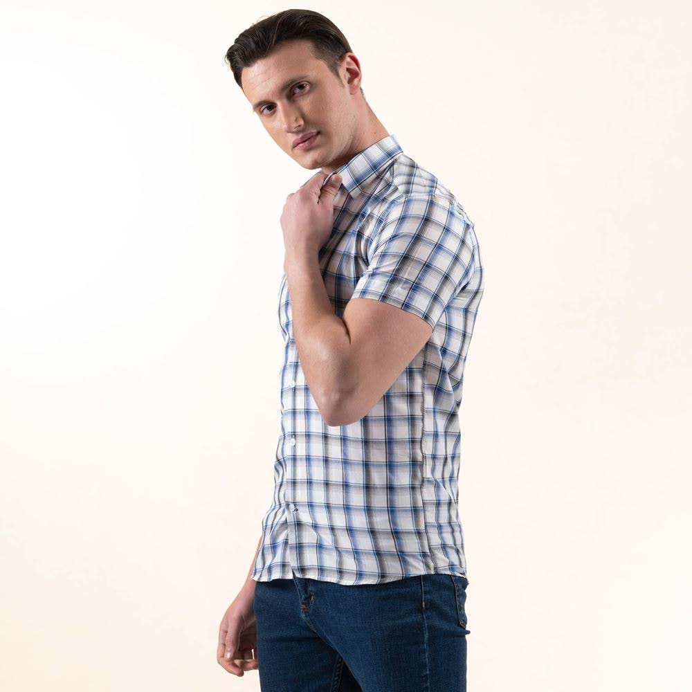 BlueWhite Plaid Summer Men's Short Sleeves Shirt