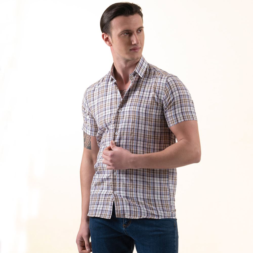 White Lilac Plaid Summer Men's Short Sleeves Shirt