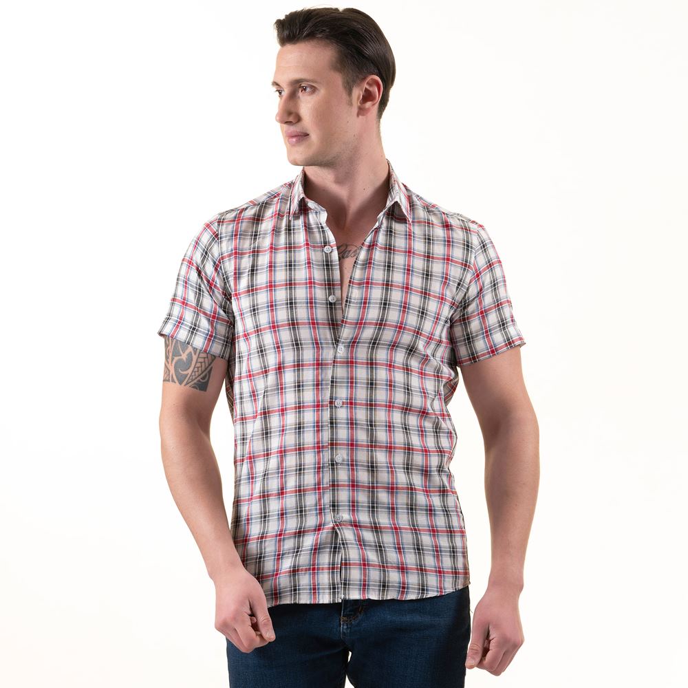 Red Black Blue Plaid Summer Men's Short Sleeves Shirt