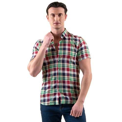 Red Green Blue Plaid Summer Men's Short Sleeves Shirt