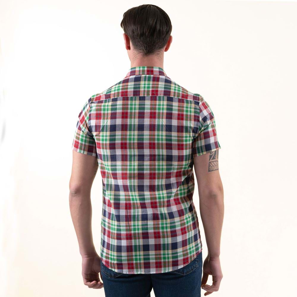 Red Green Blue Plaid Summer Men's Short Sleeves Shirt