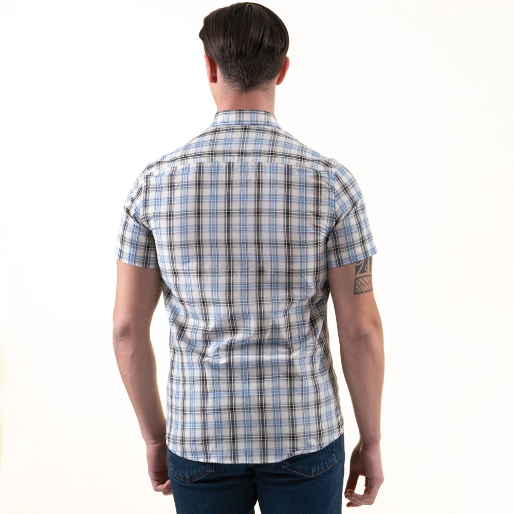 Blue White Black Plaid Summer Men's Short Sleeves Shirt