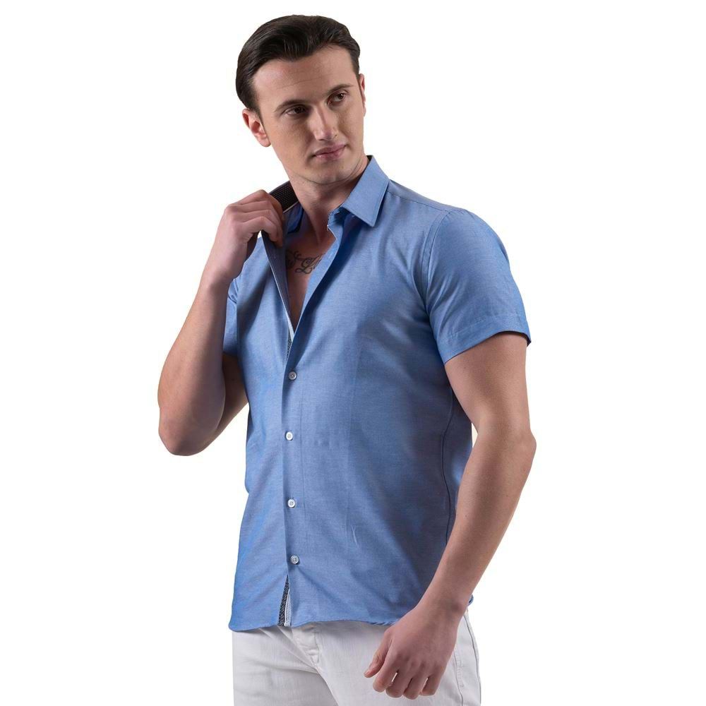 Blue Oxford Cotton with Contrast Placket Men's Short Sleeves Shirt