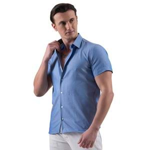 Blue Oxford Cotton with Contrast Placket Men's Short Sleeves Shirt