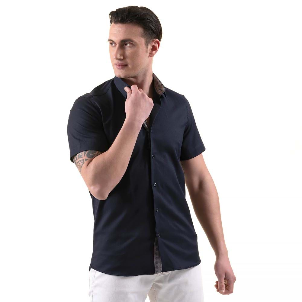 Navy with Collar inside Printed Designer Men's Short Sleeves Shirt