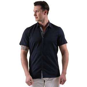 Navy with Collar inside Printed Designer Men's Short Sleeves Shirt