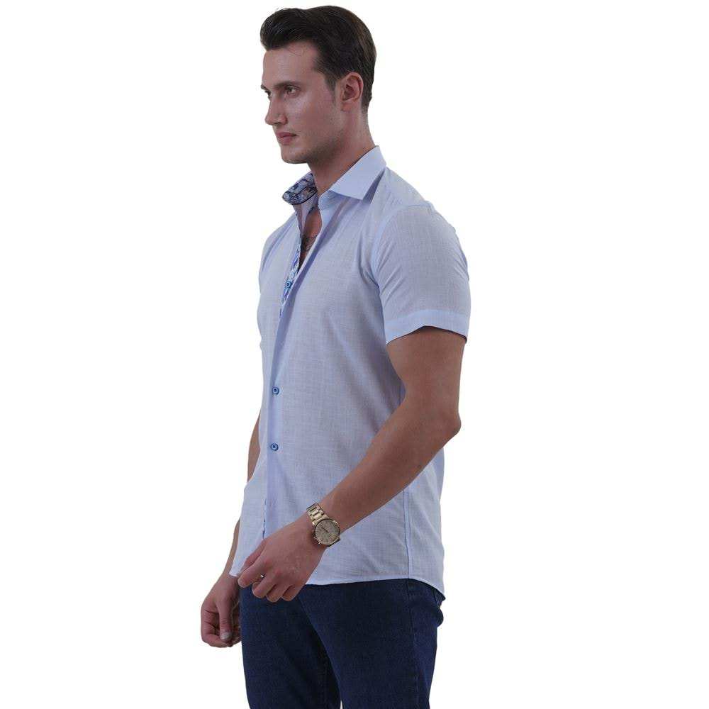 Blue Linnen Designer Men's Short Sleeves Shirt