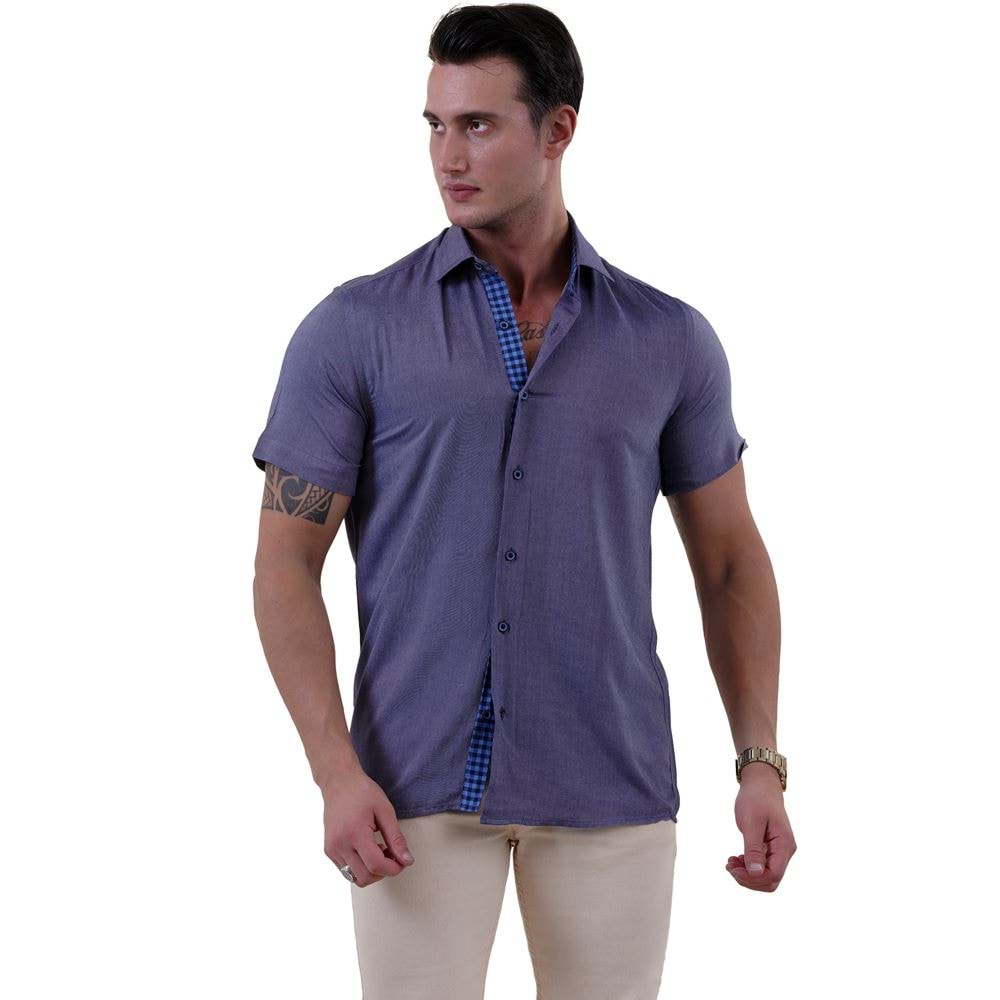 Navy Washed Jeanslike Men's Short Sleeves Shirt