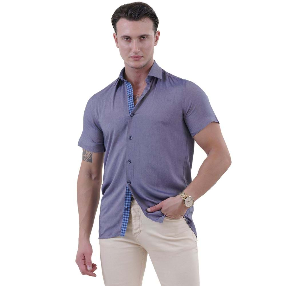 Navy Washed Jeanslike Men's Short Sleeves Shirt