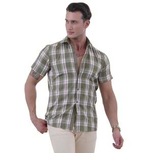 Green Burgundy Plaid Classical Men's Short Sleeves Shirt