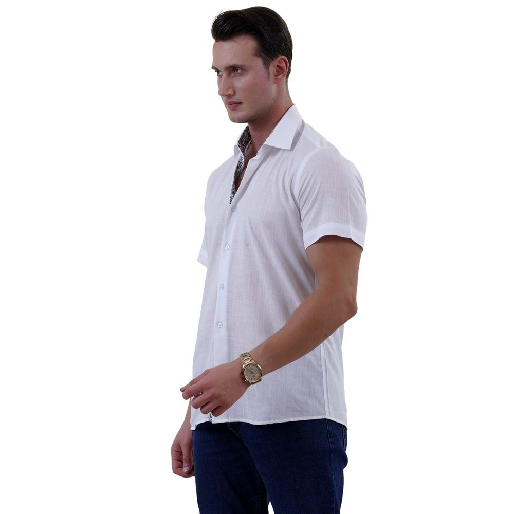 White Linnen Designer Men's Short Sleeves Shirt