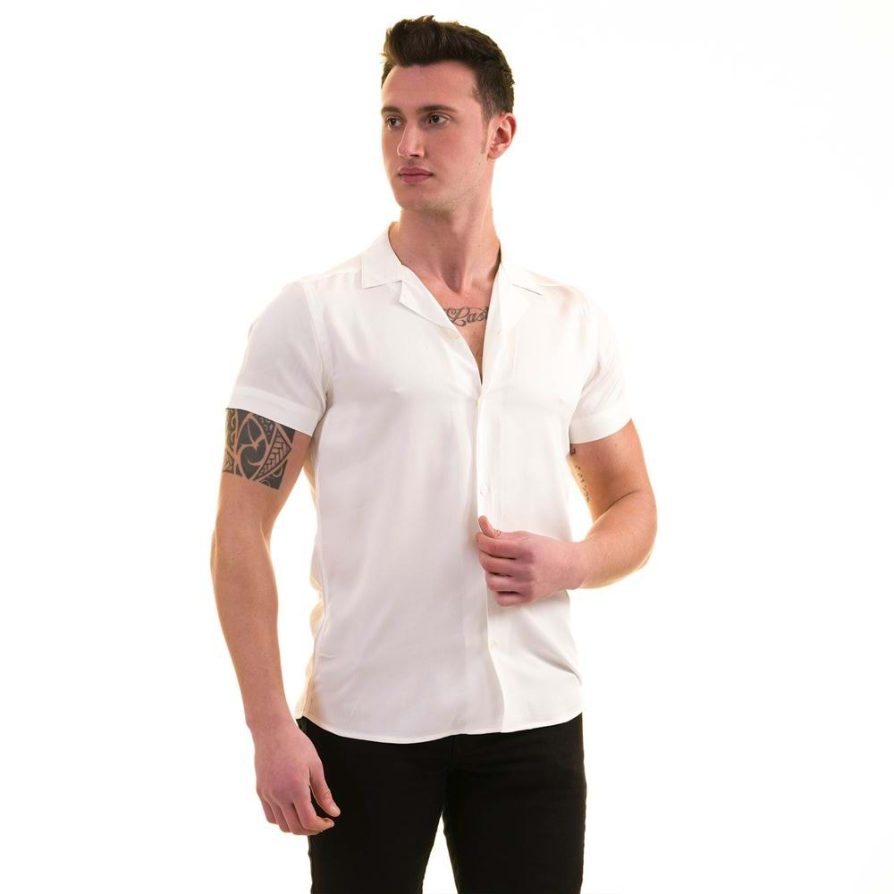 White Basic Camp Collar Men's Short Sleeves Shirt