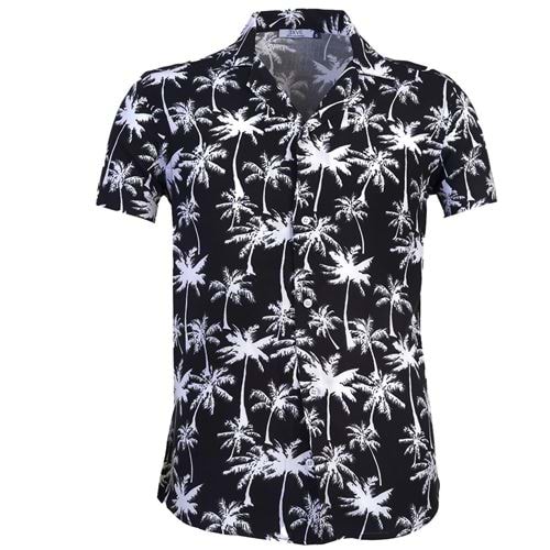 Black White Hawaii Digital Print Camp Collar Men's Short Sleeves Shirt SV6002