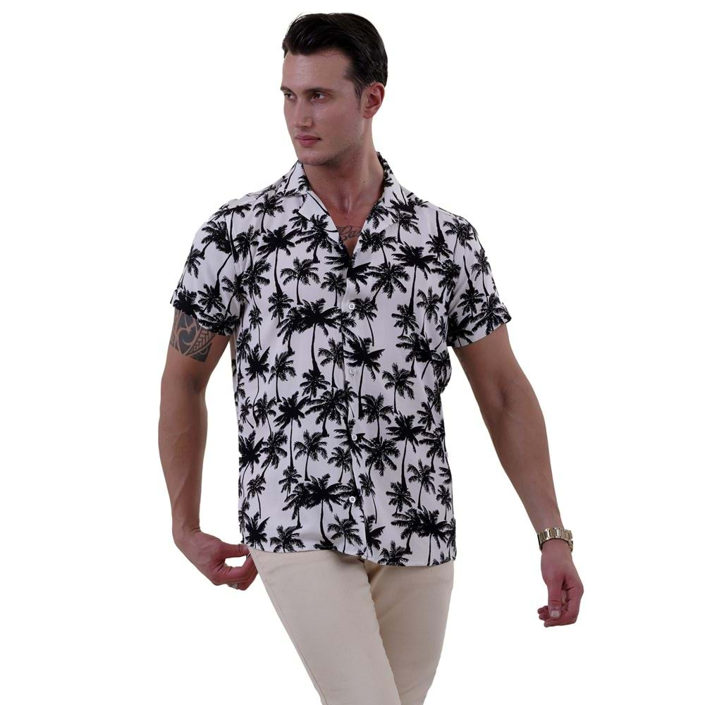 Black White Hawaii Digital Print Camp Collar Men's Short Sleeves Shirt