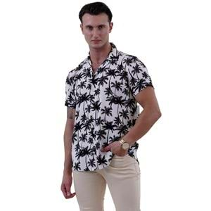 Black White Hawaii Digital Print Camp Collar Men's Short Sleeves Shirt