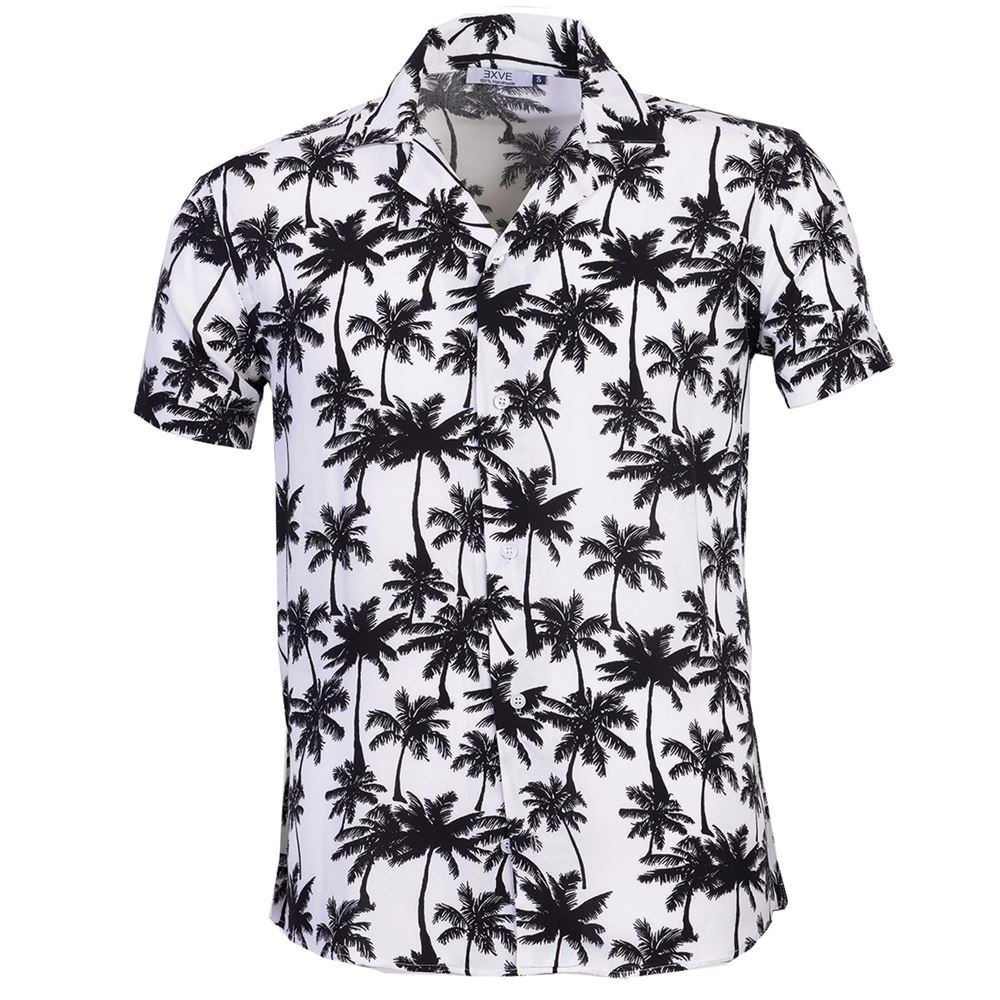 Black White Hawaii Digital Print Camp Collar Men's Short Sleeves Shirt