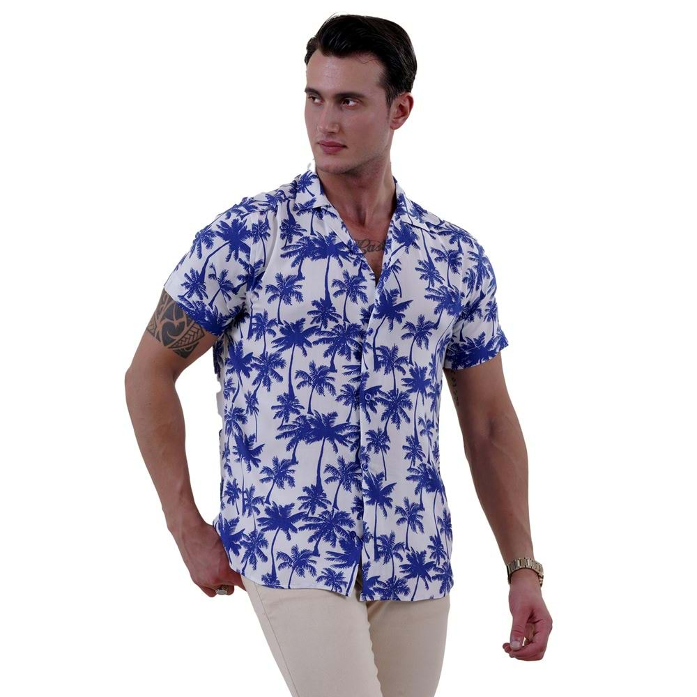 White Blue Hawaii Digital Print Camp Collar Men's Short Sleeves Shirt