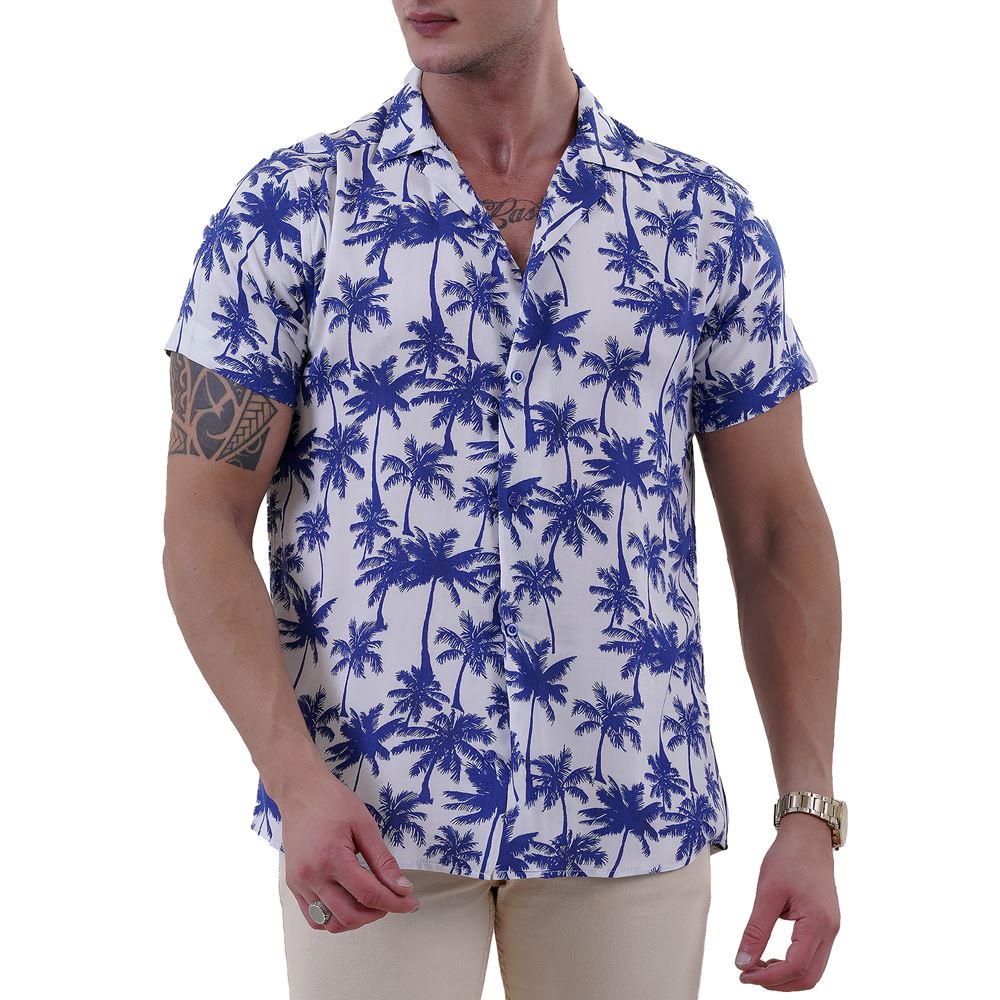 White Blue Hawaii Digital Print Camp Collar Men's Short Sleeves Shirt