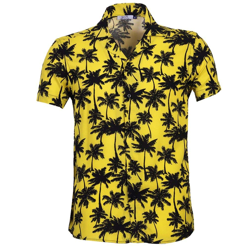 Yellow Black Hawaii Palm Digital Print Camp Collar Men's Short Sleeves Shirt