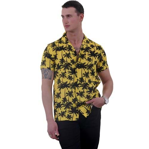 Yellow Black Hawaii Palm Digital Print Camp Collar Men's Short Sleeves Shirt