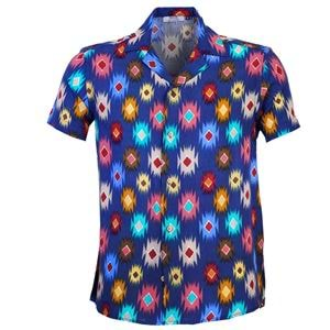 Blue Ethnic Colorful Digital Print Camp Collar Men's Short Sleeves Shirt