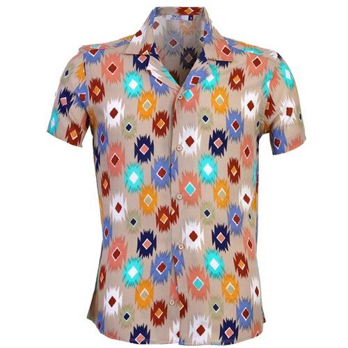 Beige Ethnic Digital Print Colorful Camp Collar Men's Short Sleeves Shirt