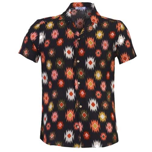 Black Colorful Ethnic Digital Print Camp Collar Men's Short Sleeves Shirt