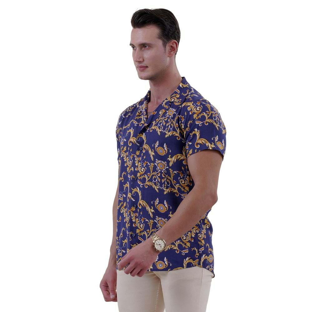 Blue Gold Paisley Digital Print Viscose Camp Collar Men's Short Sleeves Shirt