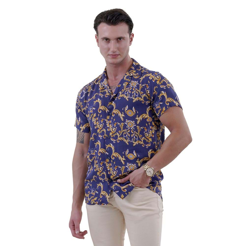 Blue Gold Paisley Digital Print Viscose Camp Collar Men's Short Sleeves Shirt