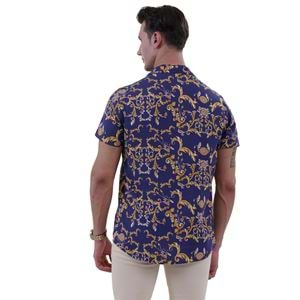 Blue Gold Paisley Digital Print Viscose Camp Collar Men's Short Sleeves Shirt