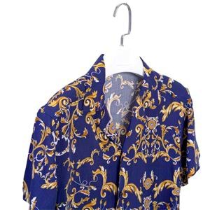 Blue Gold Paisley Digital Print Viscose Camp Collar Men's Short Sleeves Shirt