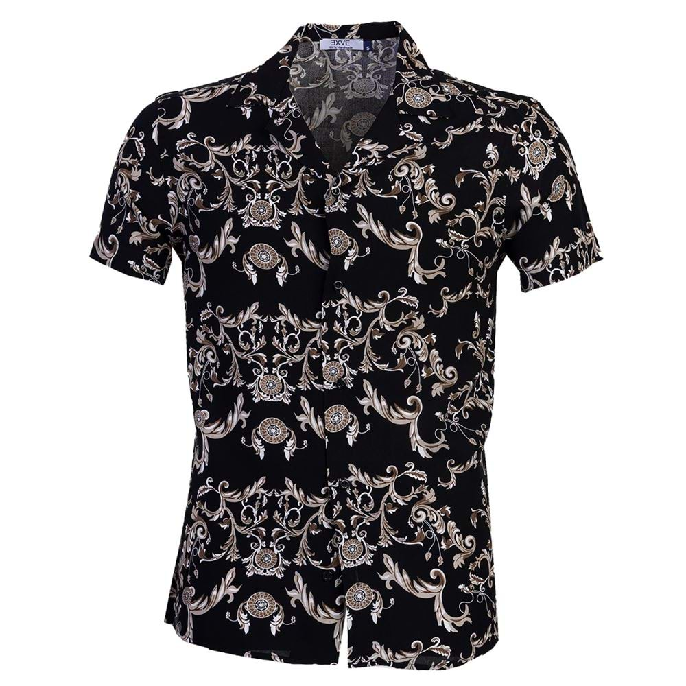 Black Beige Paisley Digital Print Viscose Camp Collar Men's Short Sleeves Shirt