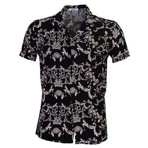 Black Beige Paisley Digital Print Viscose Camp Collar Men's Short Sleeves Shirt