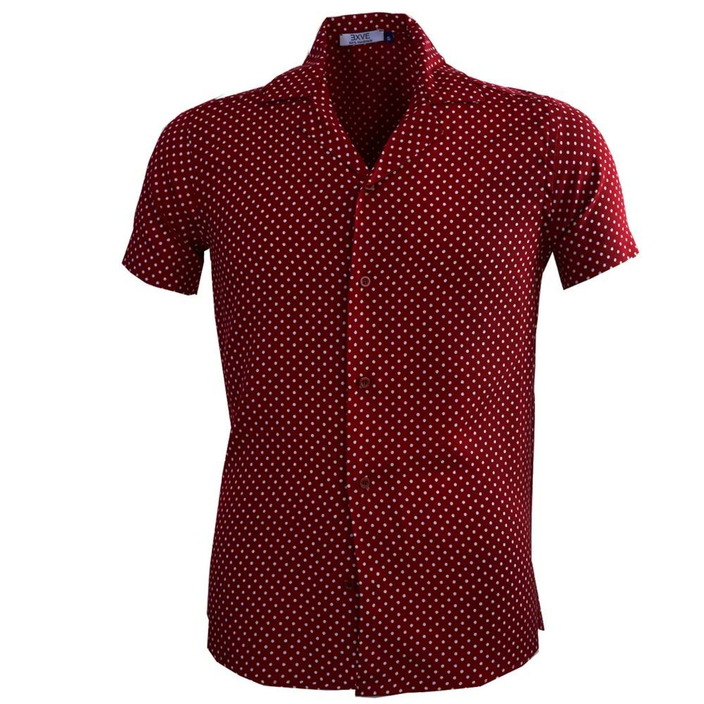 Burgundy White Polka Dot Mini Digital Print Viscose Camp Collar Men's Short Sleeves Shirt