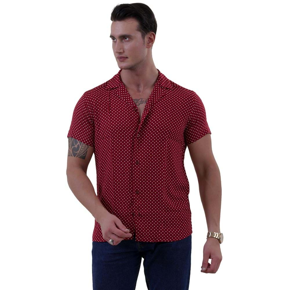 Burgundy White Polka Dot Mini Digital Print Viscose Camp Collar Men's Short Sleeves Shirt