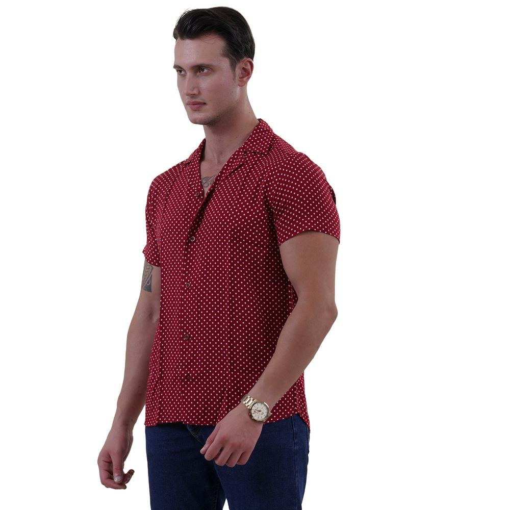 Burgundy White Polka Dot Mini Digital Print Viscose Camp Collar Men's Short Sleeves Shirt