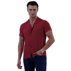 Burgundy White Polka Dot Mini Digital Print Viscose Camp Collar Men's Short Sleeves Shirt