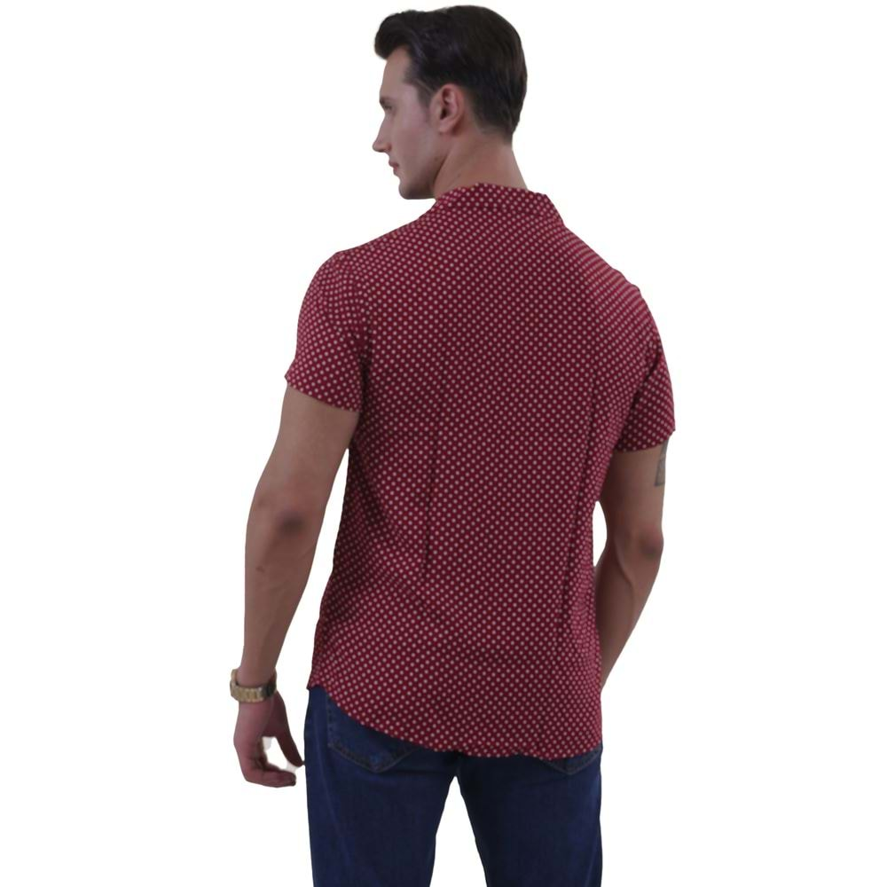 Burgundy White Polka Dot Mini Digital Print Viscose Camp Collar Men's Short Sleeves Shirt