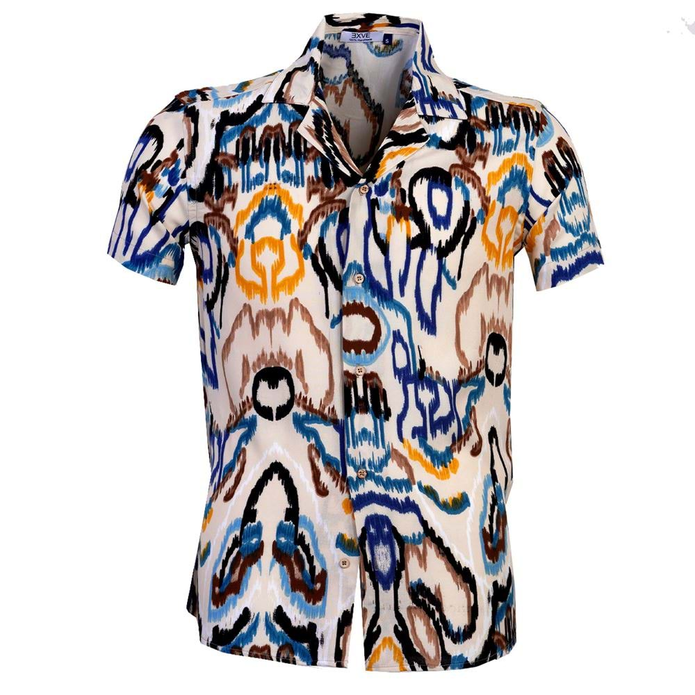 Cream Colorful Brush Pen Print Viscose Camp Collar Men's Short Sleeves Shirt