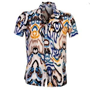 Cream Colorful Brush Pen Print Viscose Camp Collar Men's Short Sleeves Shirt