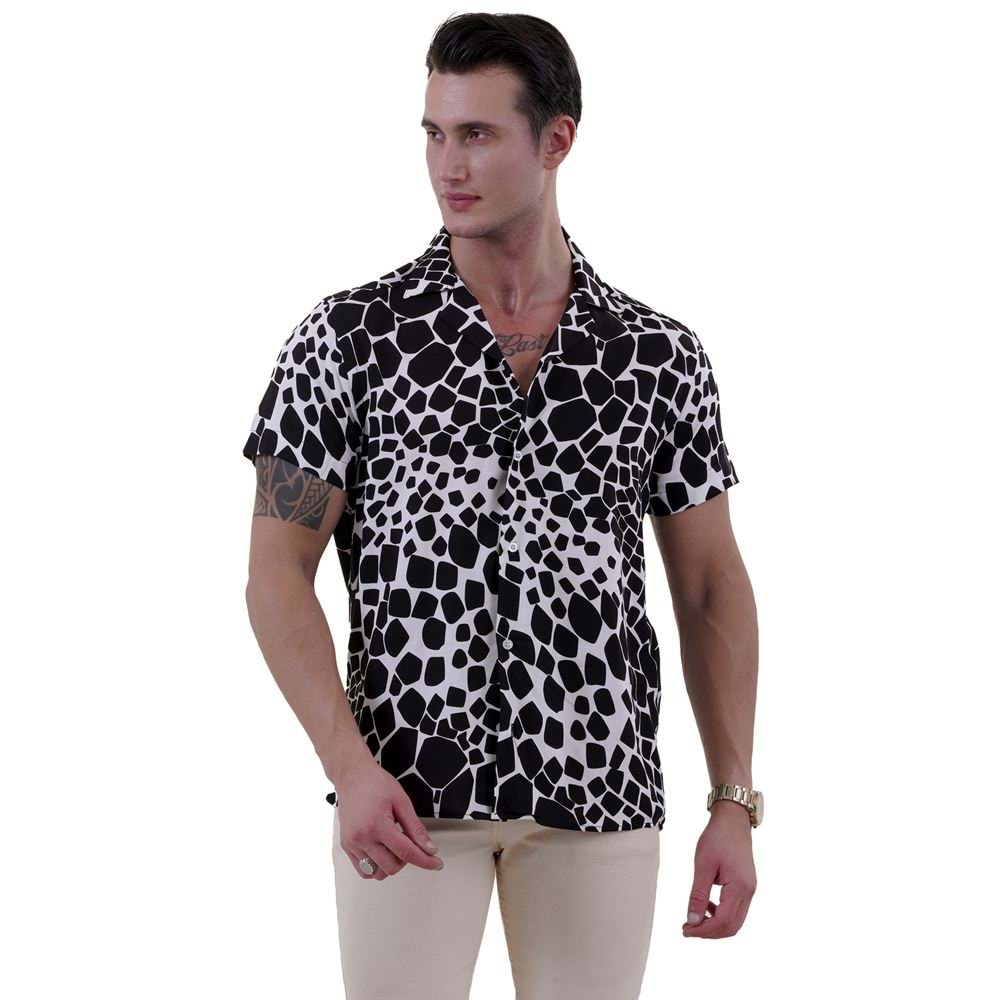 White Black Crocodile Digital Print Camp Collar Men's Short Sleeves Shirt SV6018-L